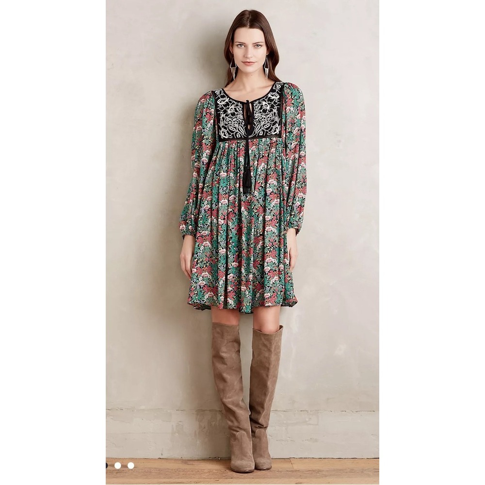 Floreat Embroidered Floral Print Dress‎ Bohemian Tunic Long Sleeve Size S